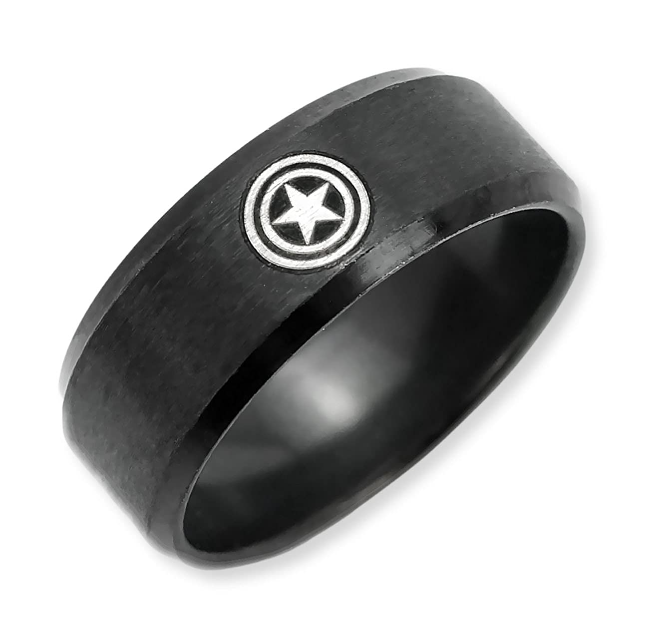 Captain America jewelry Ring, Super Hero Ring, Personalized symbol Ring, Engraved Ring, Stainless Steel Ring, Black IP Beveled Edge Band