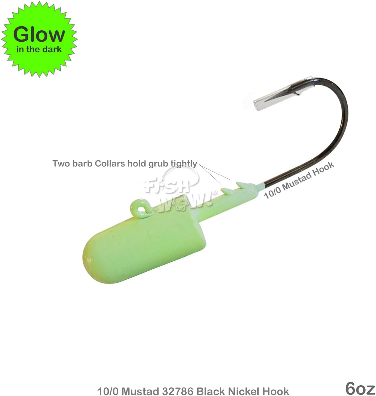 2 piezas Fish WOW! 6oz Glow Bullet Jighead Plain Jig Head Spin Fish Bait Pesado Swimbait sin pintar Cabezas de Plantilla con 32786 MUSTAD 100 Gancho