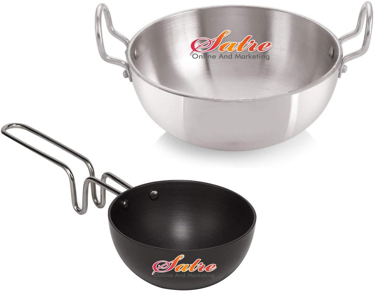 Satre Online and Marketing Aluminio Kadhai Tamaño No-12 con Hindalco Aluminio Tadka Pan Tamaño No-6 (Paquete de 2)