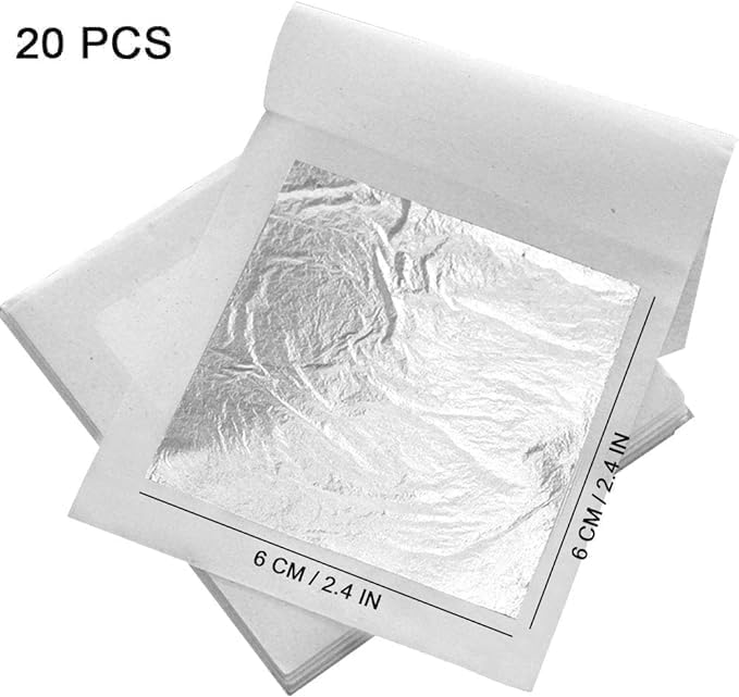 20 hojas de plata comestibles de 2.4 x 2.4 pulgadas, hoja de plata pura para rutina de belleza y maquillaje, panadería y pastelería, decoración de