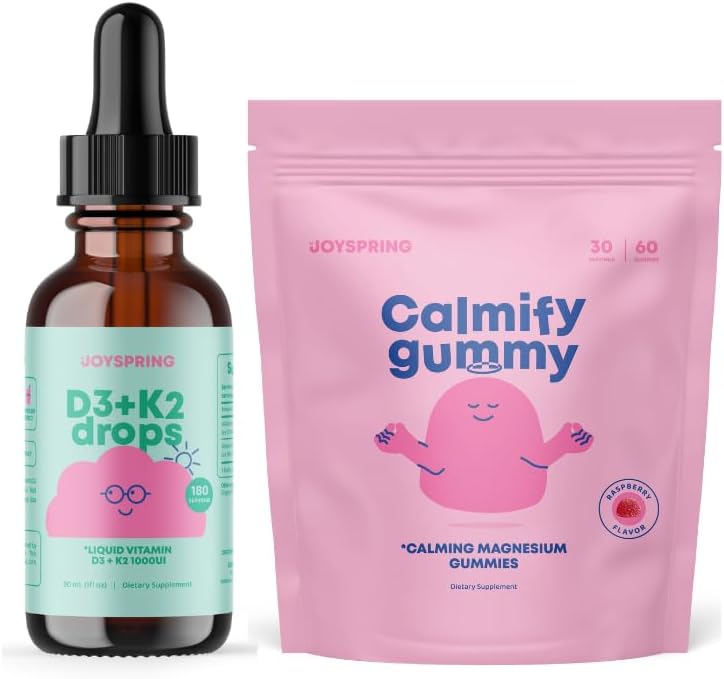 JoySpring Las gotas de vitamina D3 K2 para niños pueden apoyar huesos fuertes y un sistema inmunológico saludable y gomitas calmantes – Suplemento