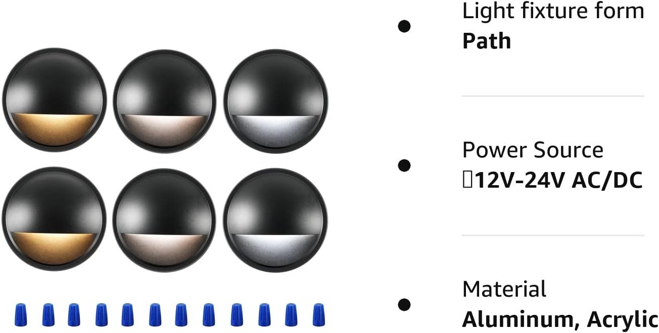 CLOUDY BAY Paquete de 6 luces LED de bajo voltaje 3CCT para exteriores, 2700 K3500 K5000 K seleccionables, luz de valla de barandilla de escalera