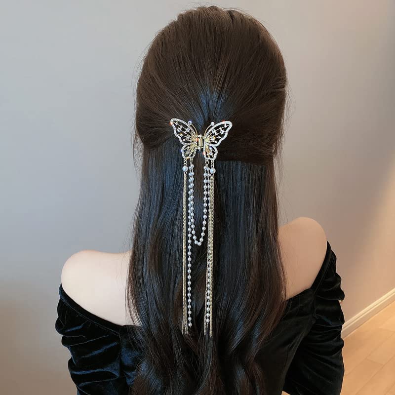 Ahoney 2 pinzas de mariposa para el cabello, pinzas de mariposa para el cabello con dijes, pinzas de metal para el cabello con borlas, perlas y