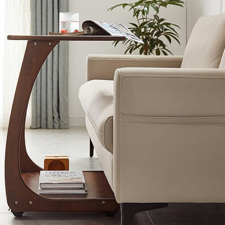 COZYMATIC Emerson – Mesa auxiliar de madera maciza con ruedas giratorias, mesa auxiliar en forma de C, mesa de bandeja de TV, mesa de sofá que se