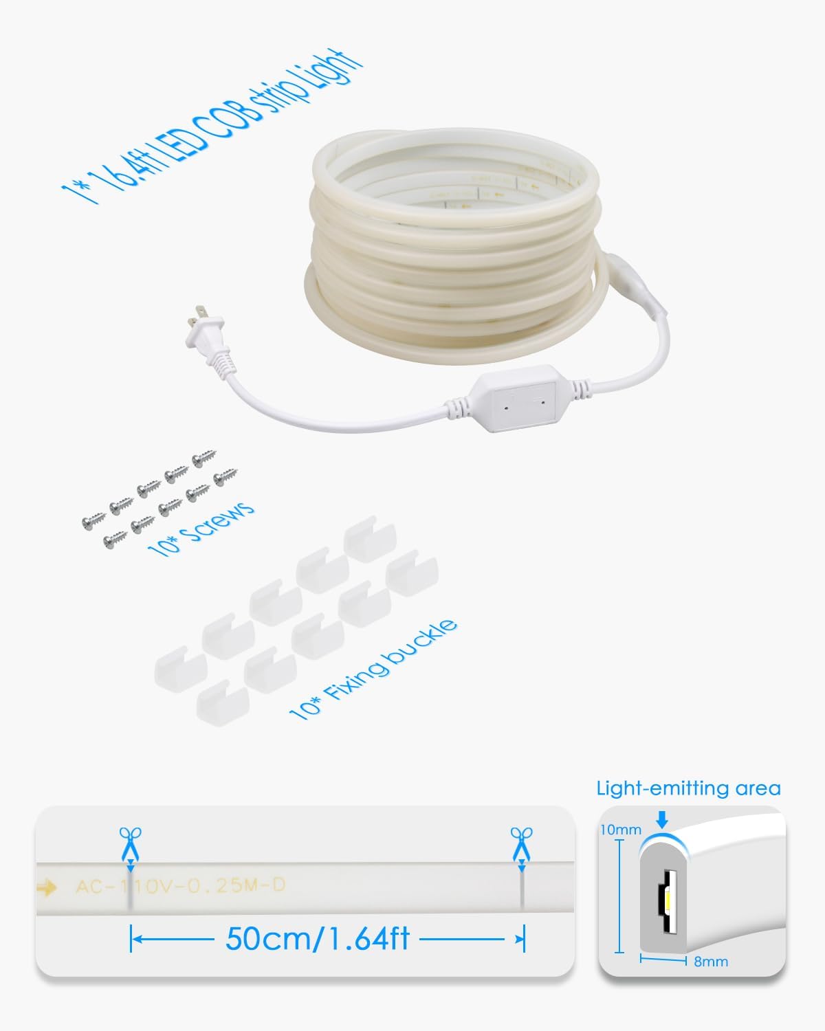 Samsion AC 110V  120V COB Tira de luces LED 100FT30M Blanco Led Cuerda+Luces de cuerda de neón Luz diurna Blanca 16.4FT Tira de luz de neón flexible