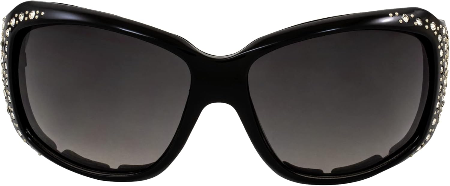 Rodeo Queen 2 pares de lentes de sol de motocicleta para mujer, montura negra acolchada con diamantes de imitación brillantes y lentes degradados