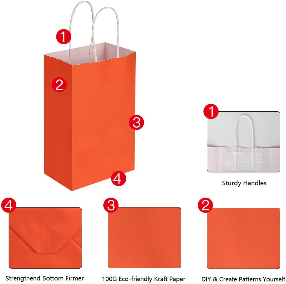 Cada paquete de 100 bolsas pequeñas de papel kraft naranja y morado con asas a granel
