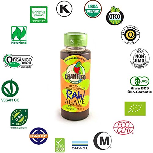 Chantico Edulcorante de agave (agave crudo, paquete de 3 botellas de 11.75 onzas), sustituto de azúcar natural orgánico con un bajo índice glucémico