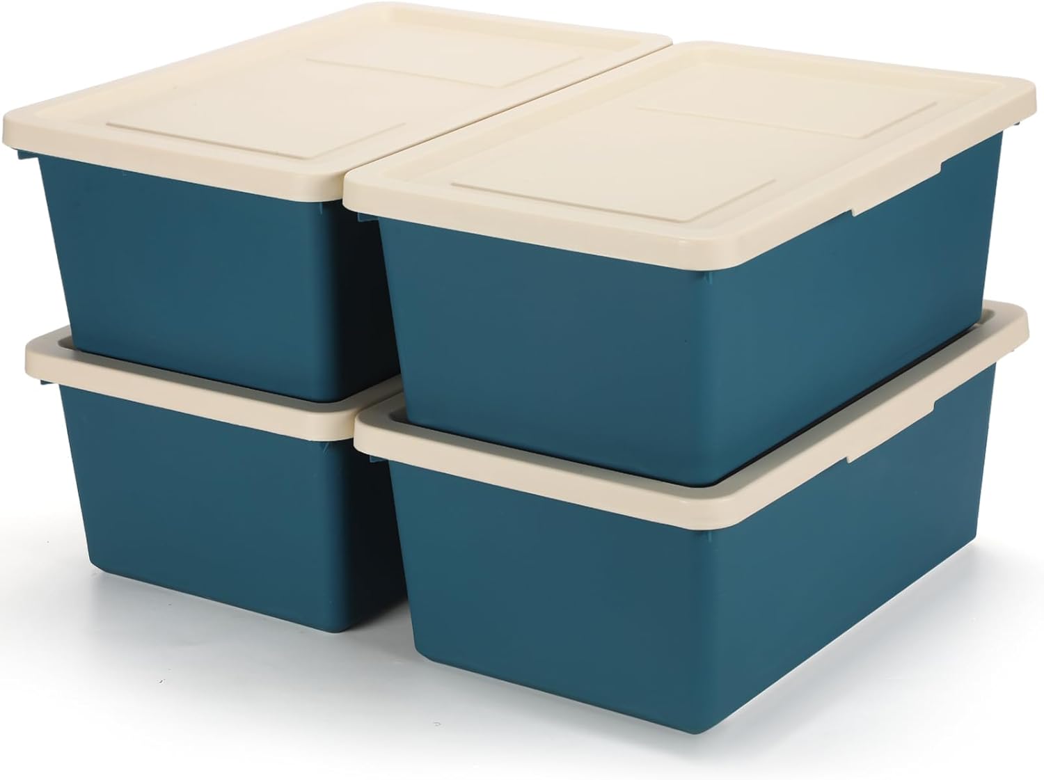 4 contenedores de almacenamiento de plástico con tapa, apilables para organizar cestas de almacenamiento para estantes, sala de juegos, aula,