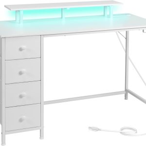 HGD14WT – Escritorio blanco para computadora con luz LED y tomas de corriente, escritorio de juegos de 55 pulgadas con 4 cajones de tela, escritorio HGD14WT – Escritorio blanco para computadora con luz LED y tomas de corriente, escritorio de juegos de 55 pulgadas con 4 cajones de tela, escritorio
