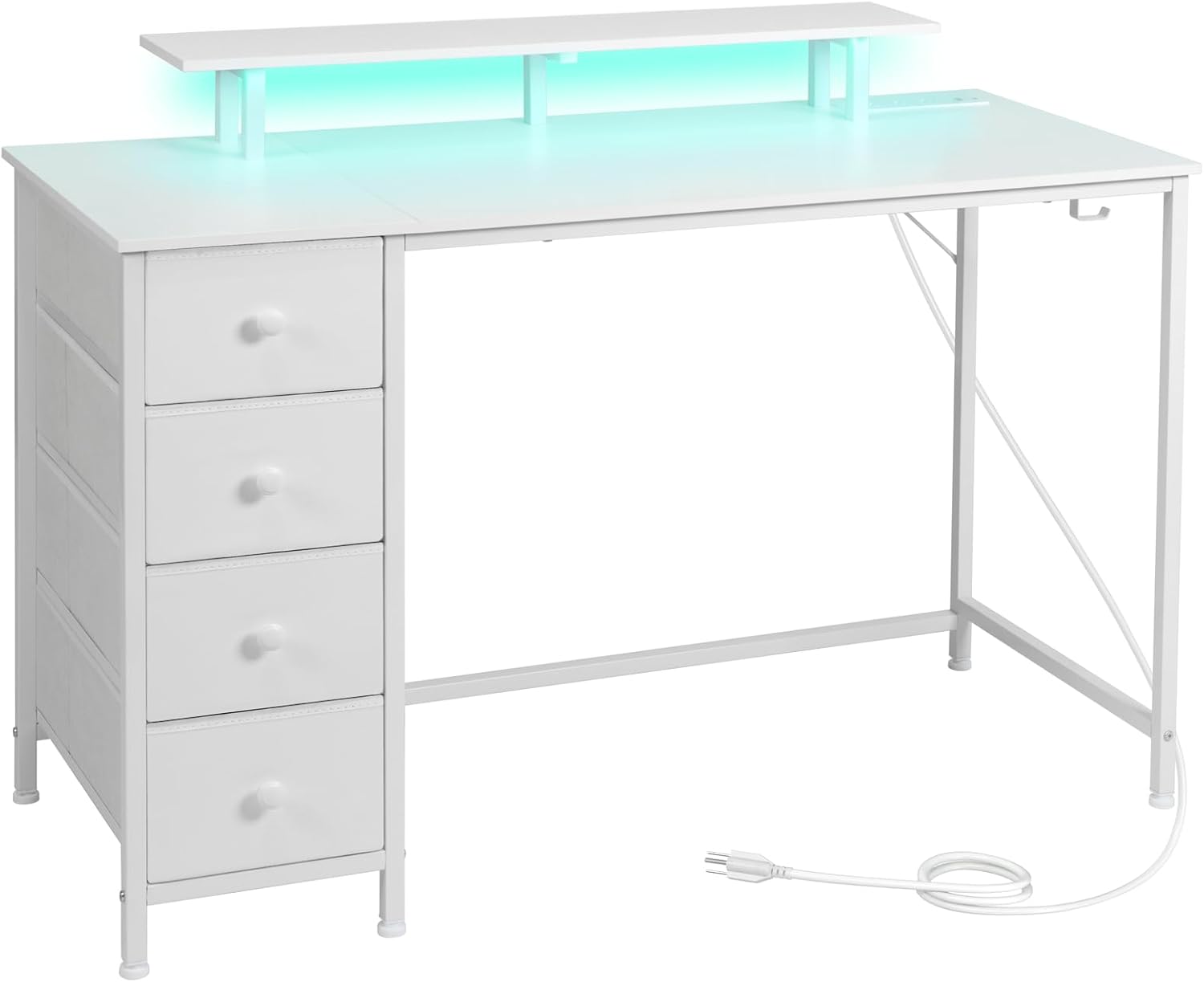 HGD14WT – Escritorio blanco para computadora con luz LED y tomas de corriente, escritorio de juegos de 55 pulgadas con 4 cajones de tela, escritorio