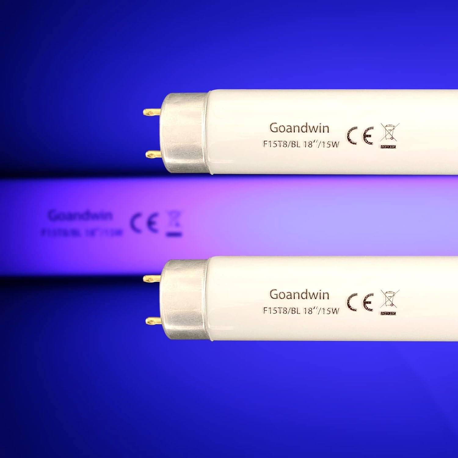 Goandwin – Paquete de 2 bombillas F15T8BL de repuesto UVA de 18 pulgadas, color negro, azul claro, lámparas fluorescentes lineales T8 BL de 15