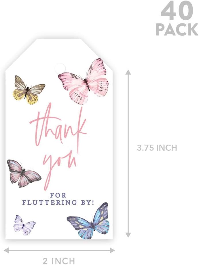Andaz Press Paquete de 40 etiquetas clásicas de agradecimiento para niños con cuerda, etiquetas de regalo de cumpleaños de mariposa para bolsas de