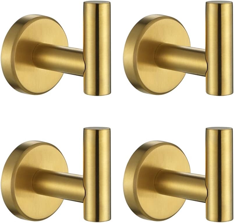 JQK Gancho para toallas de baño, color oro cepillado, gancho de latón para ropa para baño, cocina, garaje, montaje en pared (paquete de 4), acero