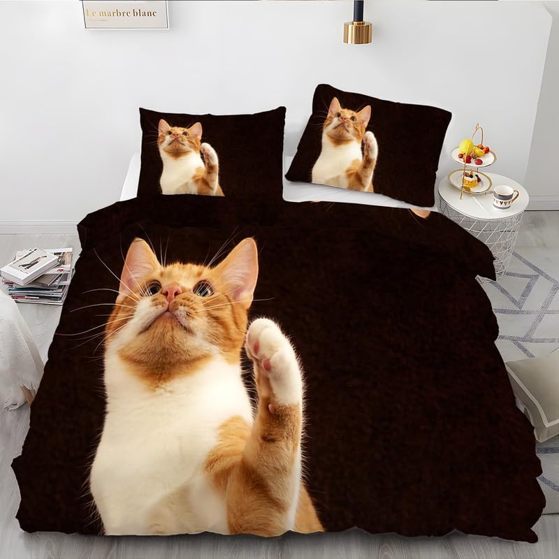Reddish Brown Orange Cat Duvet Cover Queen Animal Print Bedding Sets Queen Soft Microfiber Comforter Cover and 2 Pillow Shams 20″X26″, Bed Set Duvet