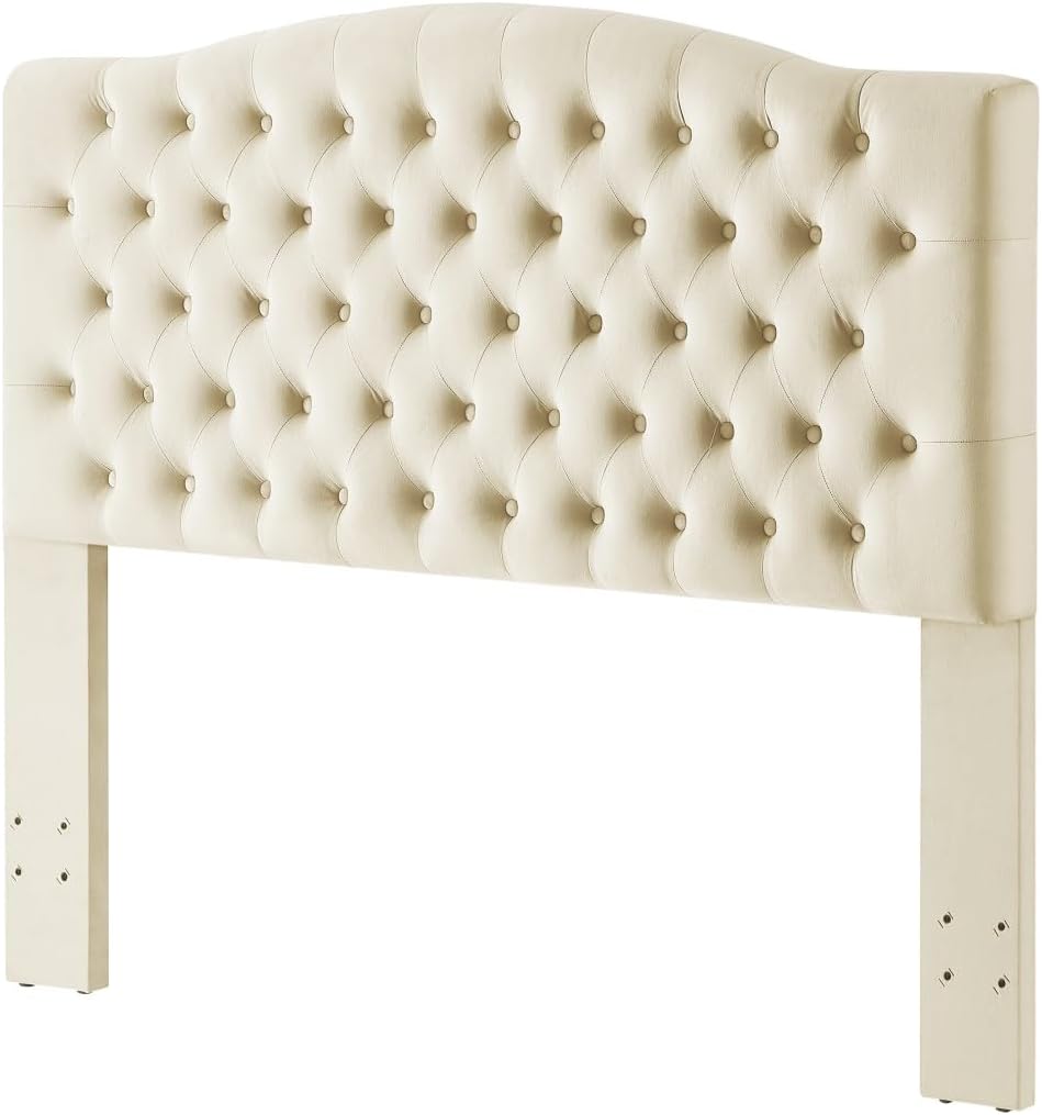 24KF 6038-Q-Cream – Cabecera tapizada en terciopelo con botones y acolchada, cómoda y a la moda, tamaño Queen  Matrimonial