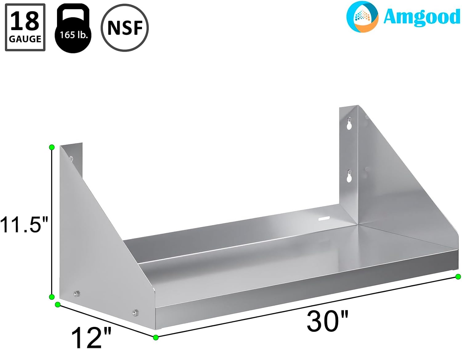 AmGood Estante de pared de acero inoxidable con protectores laterales (30 pulgadas de largo x 12 pulgadas de profundidad)
