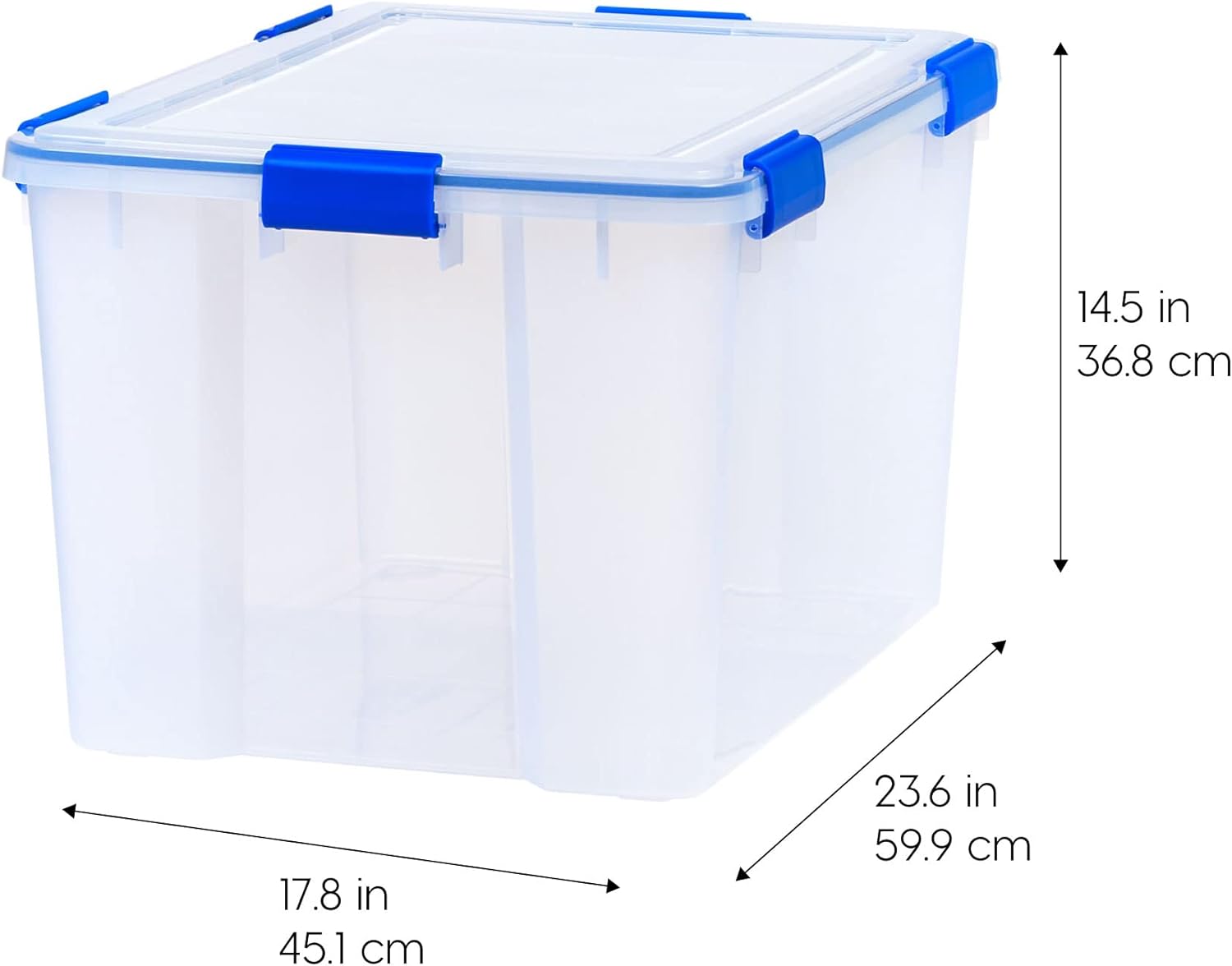 IRIS USA – Contenedor organizador de plástico hermético de 70 cuartos de galón con tapa duradera y sello y hebillas de cierre seguro