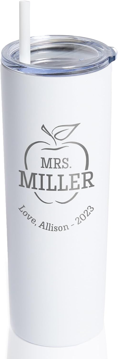 Lifetime Creations Vaso grabado personalizado para profesor con popote (blanco) – Vaso delgado, regalo de agradecimiento para maestros