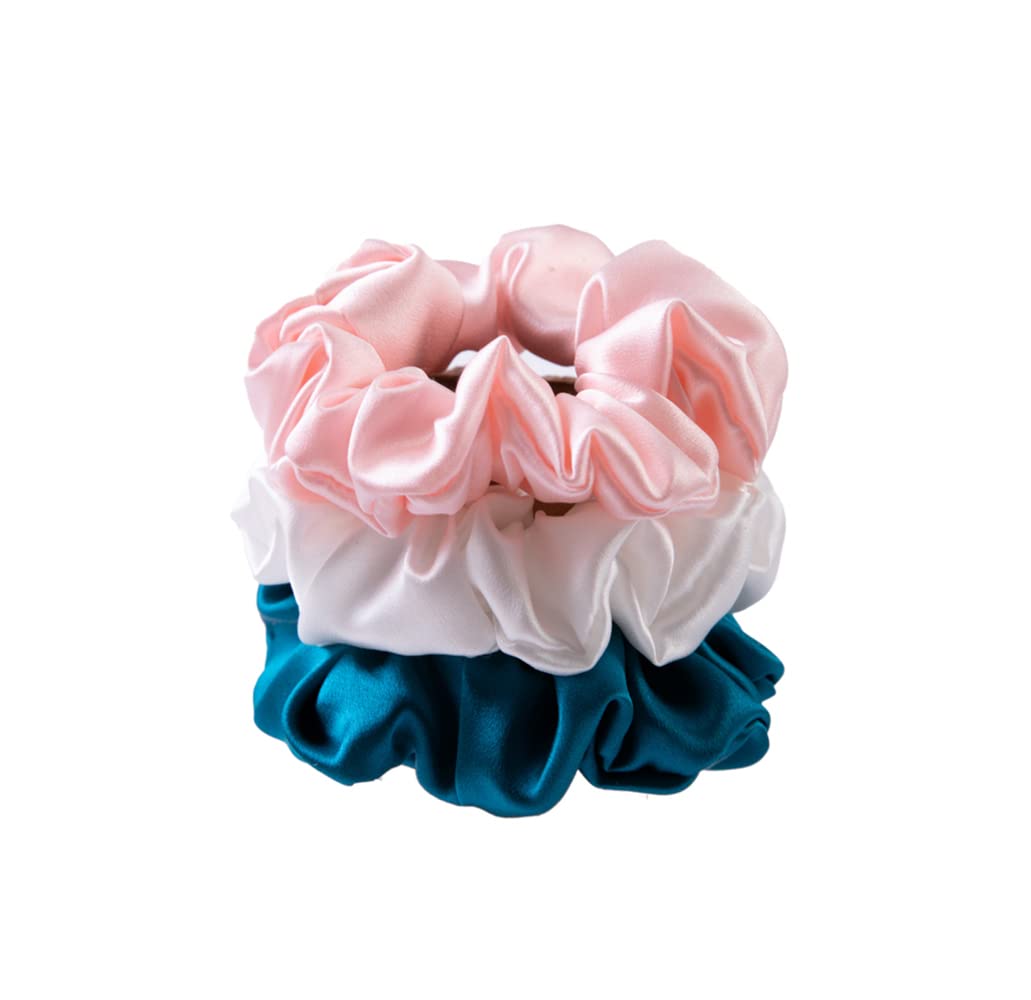 Coleteros de seda para cabello 22 Momme 100% seda de morera, paquete de 3 unidades (blanco, rosa, azul pavo real)