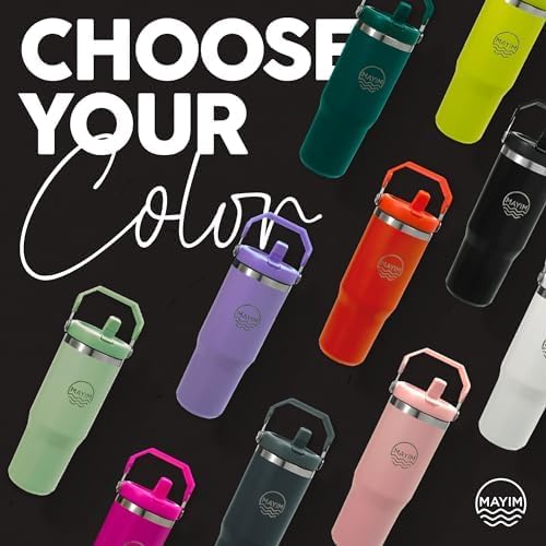 MAYIM Adventure Flow – Vaso de acero inoxidable de 30 onzas a prueba de fugas con tapa y popote, botella de agua aislada o termo con tapa y asa a