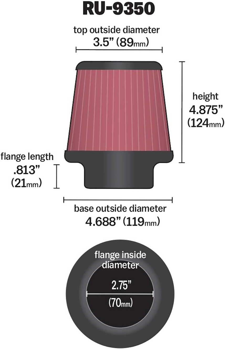 K&N Filtro de admisión de aire universal con abrazadera alto rendimiento, Premium, Filtro de aire de repuesto Diámetro de la brida 2.75 pulgadas,