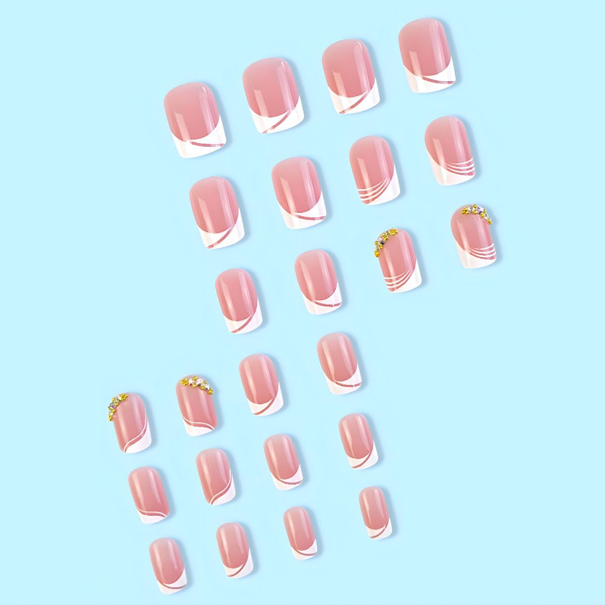 Uñas postizas cuadradas cortas a presión, 24 piezas de uñas postizas blancas francesas con diamantes de imitación, juego de herramientas adhesivas