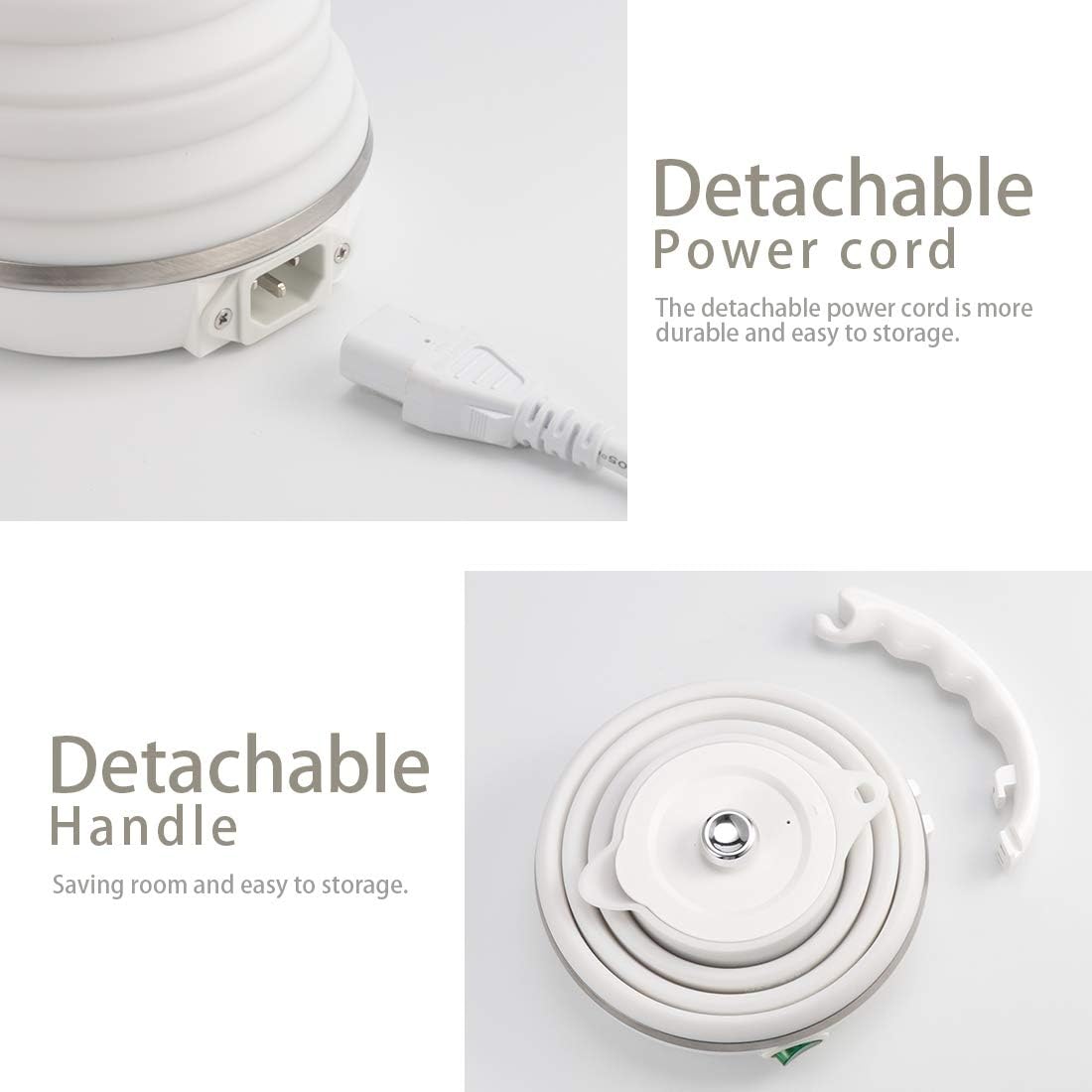 Tetera eléctrica plegable de silicona de grado alimenticio con doble voltaje y cable de alimentación separable 110-220V, para 20.28 onzas líquidas,