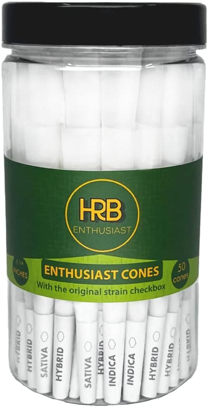 Herb Enthusiast Paquete de 50 conos preenrollados de tamaño 1 14  Papel de arroz fino preenrollado totalmente natural  Conos entusiastas con caja de