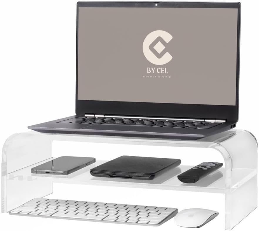 BY CEL Soporte de monitor acrílico prémium para escritorio, soporte transparente de 2 niveles para computadora portátil de 16 pulgadas, soporte