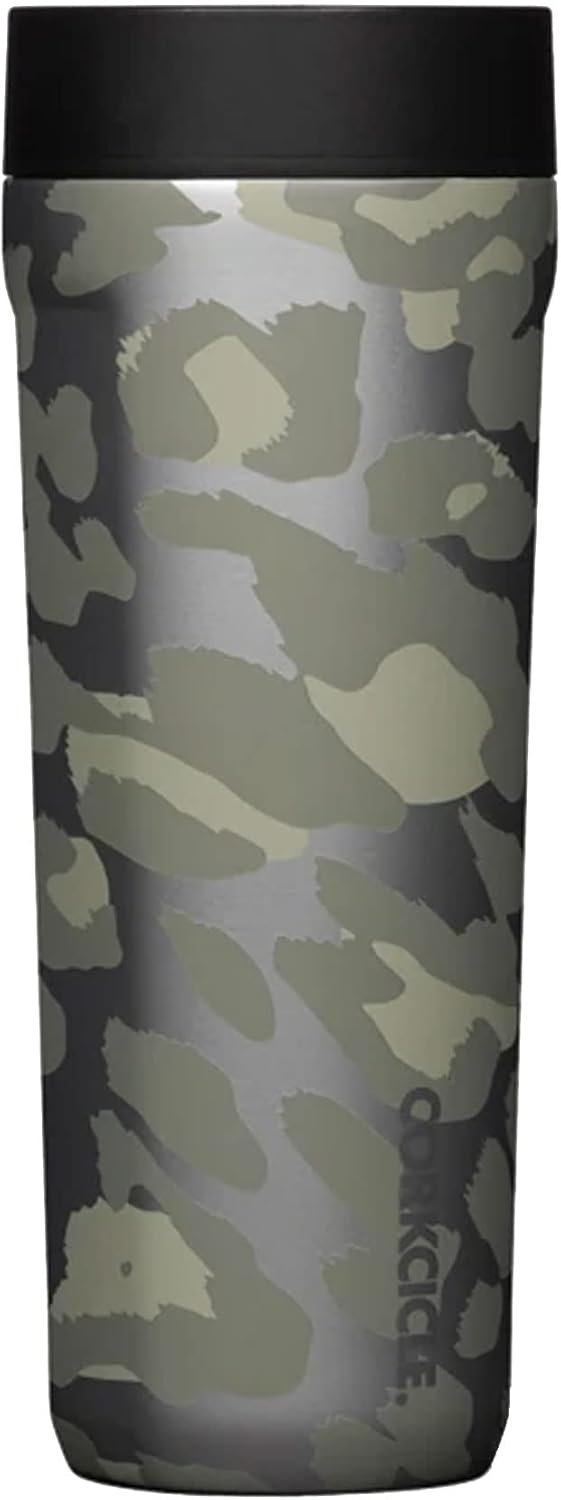 Corkcicle Commuter Cup – Taza de café de viaje de acero inoxidable aislada de 17 onzas con tapa para sorber para bebidas frías y calientes, leopardo