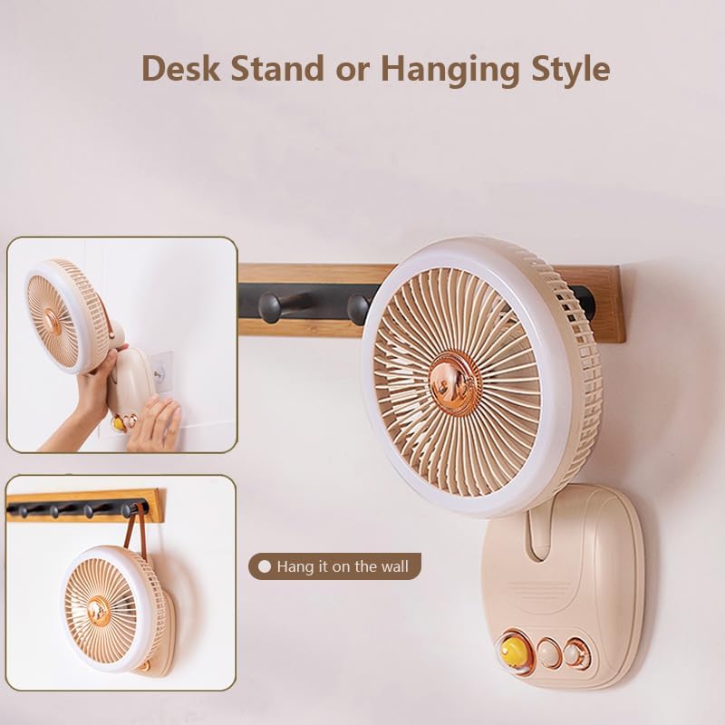 Ventilador de escritorio con luz LED, flujo de aire silencioso de velocidad variable, funciona con pilas recargables (beige)