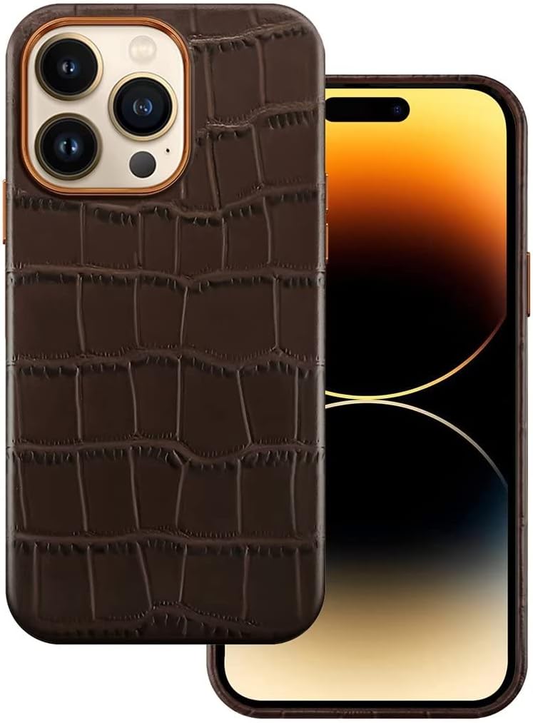 Docco Jette Funda de piel compatible con iPhone 14 Pro, piel de vaca genuina, patrón de cocodrilo en relieve para iPhone 14 Pro, imanes integrados