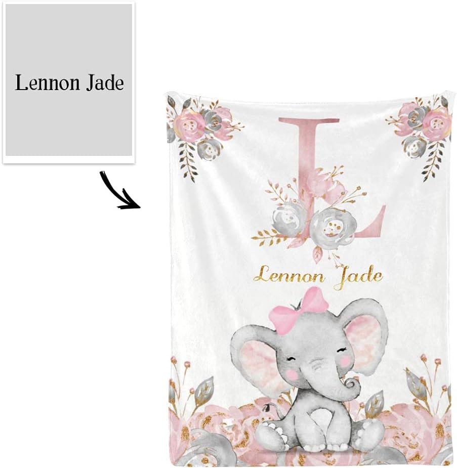 Manta de bebé personalizada, monograma rosa, lindo elefante personalizado, mantas de 30 x 40 pulgadas para bebé, niño y niña con nombre, baby