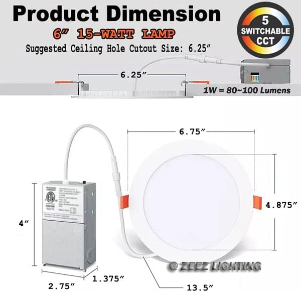 Iluminación  15 W 6 pulgadas (OD 6.75 pulgadas  ID 6 pulgadas) seleccionable 5CCT LED empotrable bombilla delgada lámpara con caja de conexiones ETL