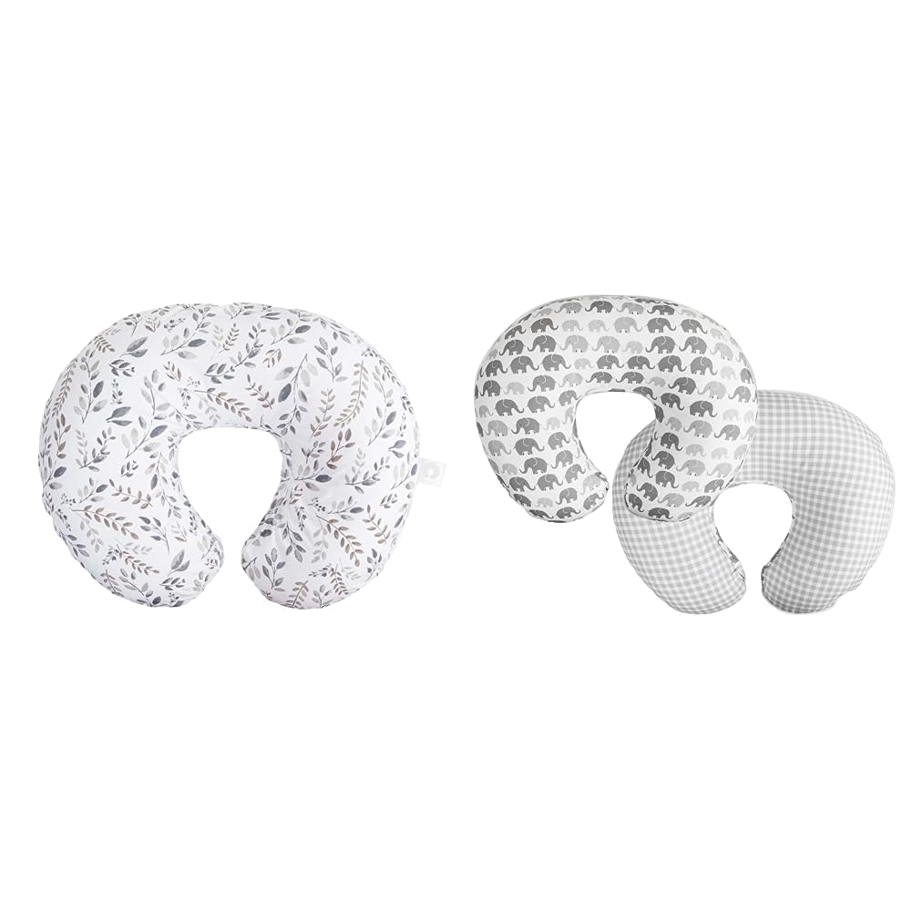 Boppy Almohada de lactancia con soporte original, hojas grises de color gris topo, esenciales ergonómicos de enfermería y funda de almohada de