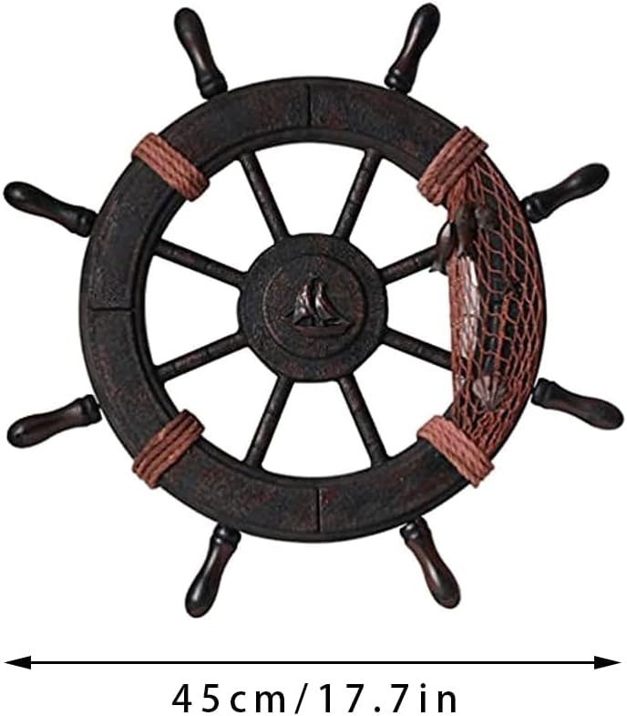RCFINE Rueda de barco de madera, decoración de pared mediterránea, decoración de rueda de barco náutico, arte de pared para decoración de baño,