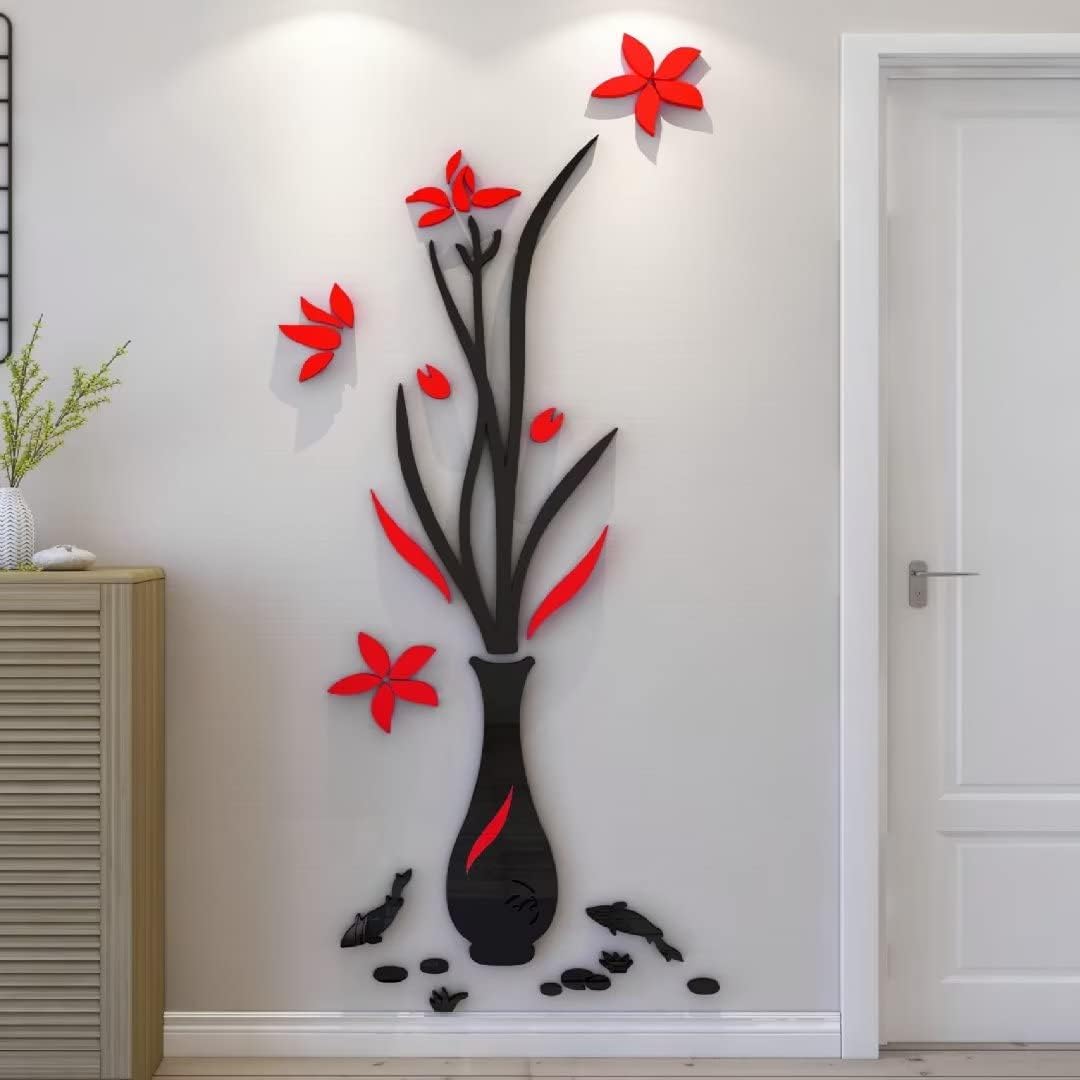 Calcomanías de decoración de pared para sala de estar, adhesivo 3D para jarrón rojo, decoración de pared para sala de estar, decoración del hogar,