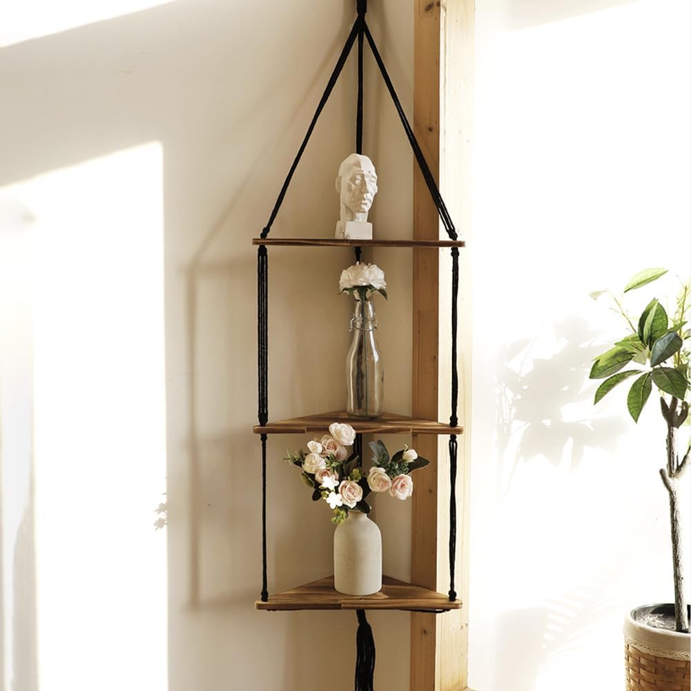 YardGo Estantes colgantes para pared, estante flotante de madera de 3 niveles de macramé, estantes de baño hechos a mano, estantes de almacenamiento