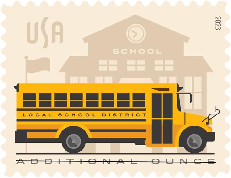 Autobús escolar USPS Sellos postales adicionales 1 bobina de 100 estudiantes, niños, profesores, celebración, anuncio de fiesta (100 sellos)