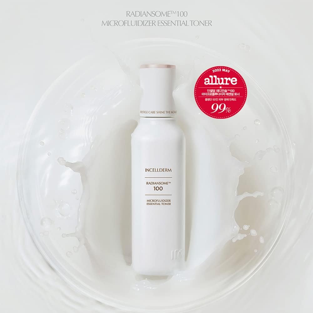 INCELLDERM Radiansome 100 tóner esencial microfluidizador, iluminador, mejora de arrugas, antienvejecimiento, tóner hidratante, 3.38 onzas líquidas.