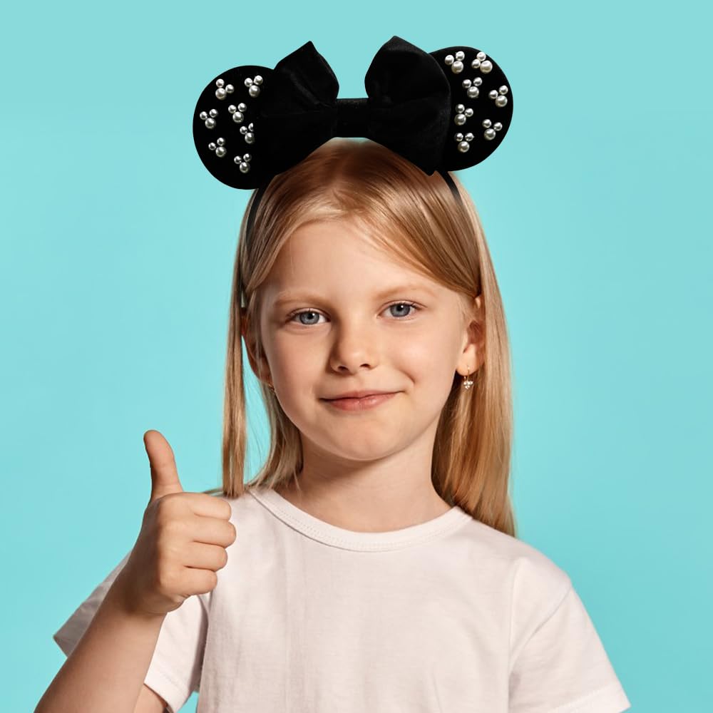 JIAHANG Diadema de terciopelo con orejas de ratón para el cabello, perlas negras, decoración de fiesta, disfraces, accesorios para el cabello para