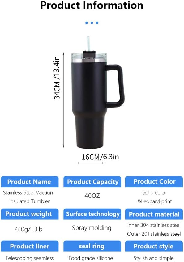 Vaso aislado al vacío de acero inoxidable de 40 onzas con tapa y popote para agua, té helado o café, licuado de frutas y más (color sólido y