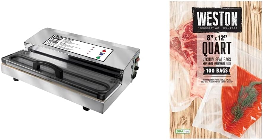 Weston Pro-2300 – Sellador al vacío de acero inoxidable y bolsas de alimentos Weston de 8 por 12 pulgadas, paquete de 100 unidades