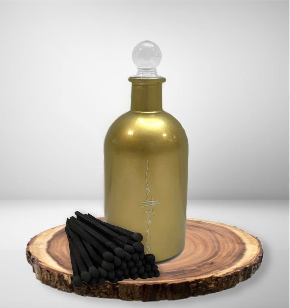 Frasco de vidrio de fósforos 6.5″ 70 Black Matches Striker en la parte inferior de la botella de oro