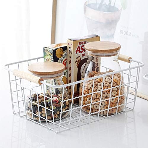 LeleCAT Cestas de alambre blanco con asas, organizador de almacenamiento de alambre para cocina, refrigerador doméstico para armarios, despensa,