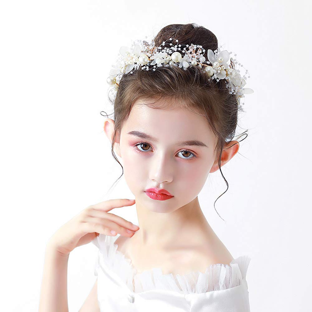 PRDGIRL Diadema de boda para niñas de flores, cuentas de cristal de perlas de diamantes de imitación, accesorios para el cabello de vid dorada para