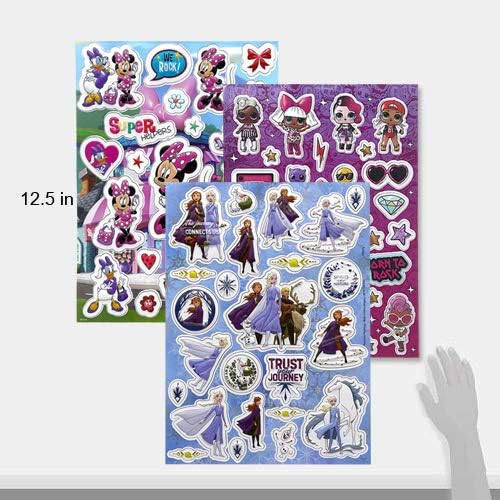 Disney Calcomanías hinchadas 3D para niñas, paquete variado de 3 hojas, Disney Frozen, Minnie, LOL Diva Dolls para regalos, recuerdos de fiesta,