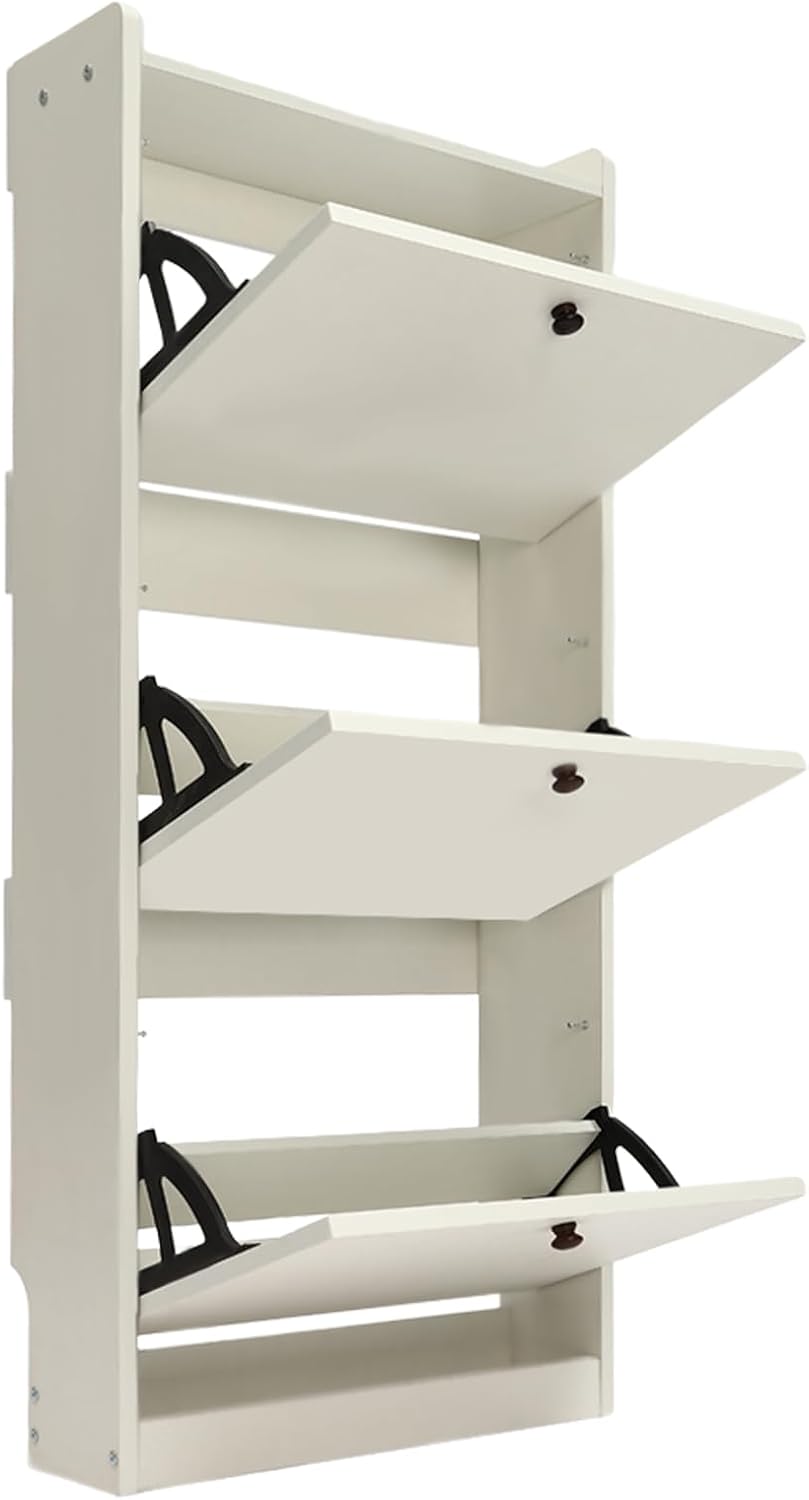 Zapatero moderno de 3 niveles blanco organizador de almacenamiento de pie, organizador de zapatos ajustable estante independiente con 3 puertas