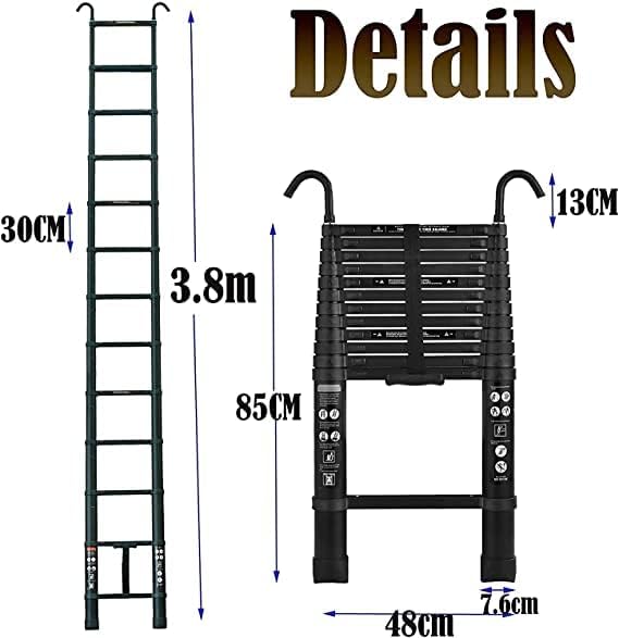 Escalera telescópica de aluminio de 12.5 pies con 2 ganchos desmontables, escalera plegable ligera portátil multiusos para exteriores, hogar,